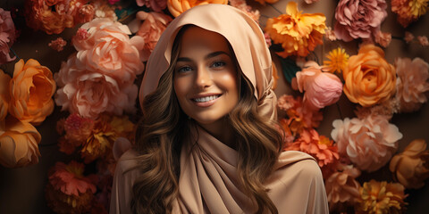 Junge muslimische hübsche Frau lacht und trägt ein Hijab Tuch Porträt Aufnahme, ai generativ