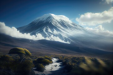 Mount Kilimanjaro. African landscape with blue sky and white clouds. Generative ai art.