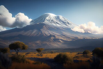 Mount Kilimanjaro. African landscape with blue sky and white clouds. Generative ai art. - obrazy, fototapety, plakaty
