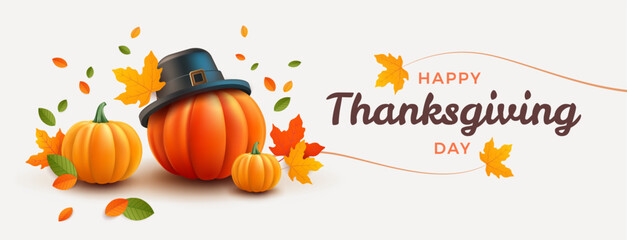 Thanksgiving day banner. Holiday background with realistic 3d orange pumpkin in pilgrim hat, autumn leaves. Horizontal holiday poster, header for website. Vector illustration - obrazy, fototapety, plakaty