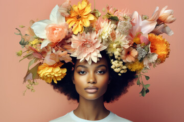 Beautiful afro American girl with pastel flowers in her head. Spring time portraits, natural face care beauty products and fashion model shoot.