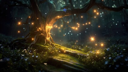 Mystical forest with glowing mushrooms and twisted trees. Fantasy world concept.