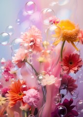 A vibrant explosion of floristry, with colorful flowers bursting from a vase, surrounded by floating bubbles and balloons, creating a whimsical and dreamy indoor garden