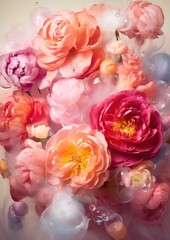 Obraz na płótnie Canvas A vibrant explosion of peach and pink floribunda roses burst through a sea of bubbles, creating a wild and fluid bouquet of indoor flowers, dancing with the playful balloons display of beauty and joy