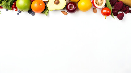 A white background advertising banner with plenty of space to write, Healthy living background with fruits and vegetables 