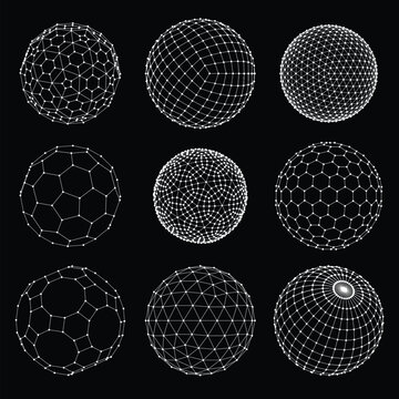 3D sphere mesh grid. Ball or sphere in grid of line. 3D abstract object in wireframe of lines and dots. Vector illustration.
