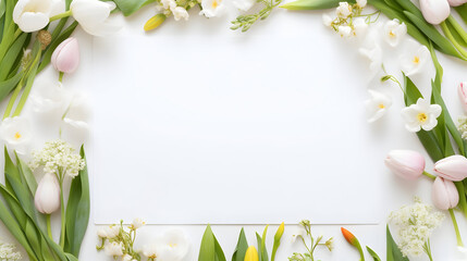 Spring flowers border with white background, Spring sale advertising banner with frame of tulips flowers and leaves , A white background advertising banner for Spring sale advertising 