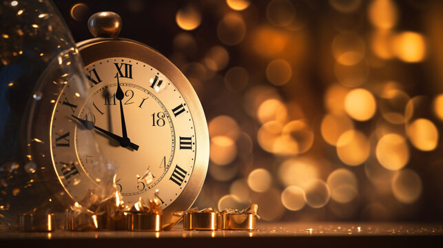 New years eve champagne with bokeh light and clock 
