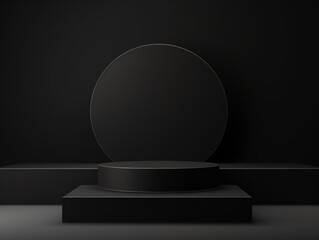 Black simple matte podium for product presentation on a black background. AI generated