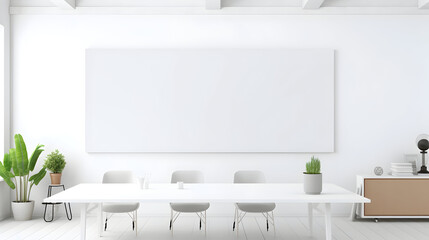 Interior of an empty business meeting hall with advertising white billboard banner for text writing, Meeting room with banner with copy space 