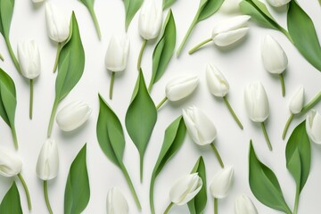 Unique floral arrangement with tulip leaves, isolated. Flat lay, top view. Ideal as wallpaper. Generative AI