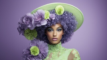 Stylish and fashionable woman in lime color dress and hat on lavender color background. Gorgeous elegant girl  with beautiful purple and lime colors flowers in hair.  Lime and lavender color concept. - obrazy, fototapety, plakaty