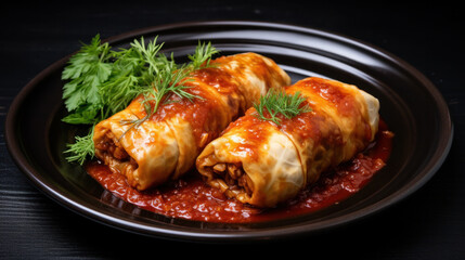 Top view of rolled cabbage leaves stuffed with ground meat, rice and onion on white wooden table