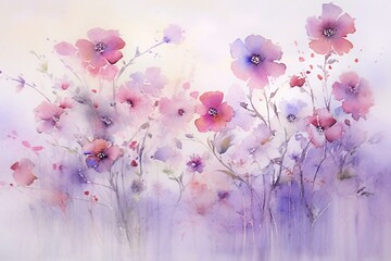 Delicate watercolor flowers in soft pinks and purples, creating ethereal scenery. Generative AI