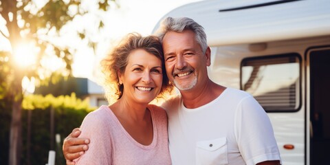 Bearded middle aged husband with wife stands smiling against their motorhome. Happy Caucasian grey-haired man and woman stand embracing near modern travel trailer against forest - Powered by Adobe