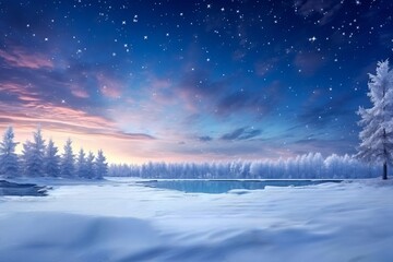 星空の下の冬の湖
