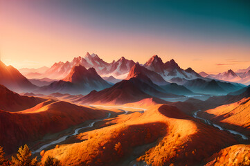 Naklejka premium Desert mountains landscape, sunset over the mountains and river, atmospheric and epic nature, Generative AI