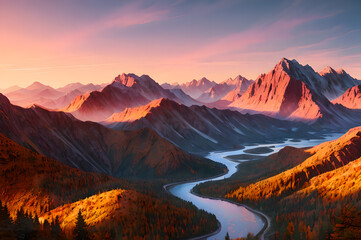 Fototapeta premium Desert mountains landscape, sunset over the mountains and river, atmospheric and epic nature, Generative AI