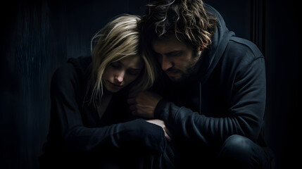 Young couple - a man and woman sitting on a floor, hopeless and depressed against a textured, cracked wall.