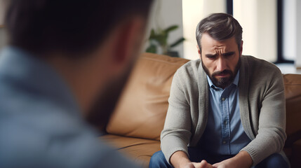 Man seeking guidance in a therapy session, showcasing emotional vulnerability and the importance of mental well-being. - obrazy, fototapety, plakaty
