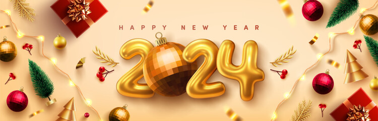 2024 New Year Promotion Poster or banner with gift box and christmas element for Retail,Shopping or Christmas Promotion.New year 2024 with realistic 3d gold metal text.Vector illustration eps 10 - obrazy, fototapety, plakaty