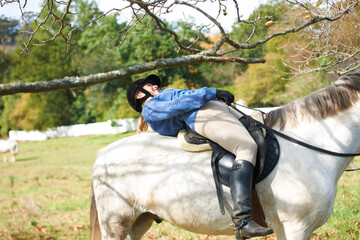 Tree, branch or woman horse riding in countryside outdoor with rider or jockey for recreation or...