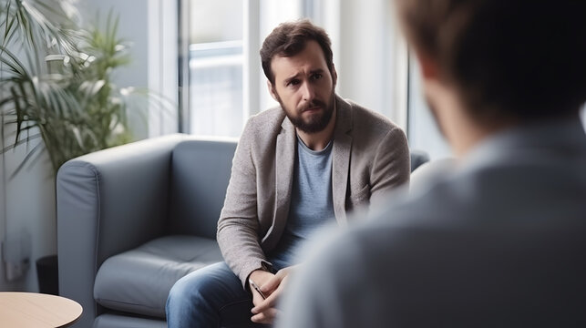 Man seeking guidance in a therapy session, showcasing emotional vulnerability and the importance of mental well-being.