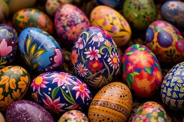 Fototapeta na wymiar Vibrant Easter eggs adorned with colorful flowers and leaves, resembling painted eggs. Generative AI