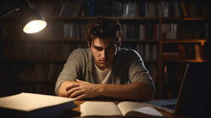 copy space, stockphoto, student, studying and stress during night by computer. Male university student, education and burnout with anxiety, fatigue and tired with few books for learning
