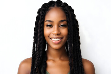 Close up portrait of smiling african american young woman with braids on white background
 - obrazy, fototapety, plakaty