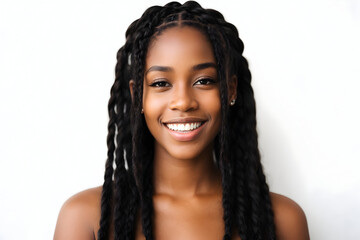 Close up portrait of smiling african american young woman with braids on white background