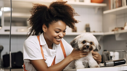 A Portrait of Female professional groomer at pet spa grooming salon - obrazy, fototapety, plakaty