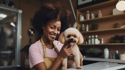 A Portrait of Female professional groomer at pet spa grooming salon - obrazy, fototapety, plakaty