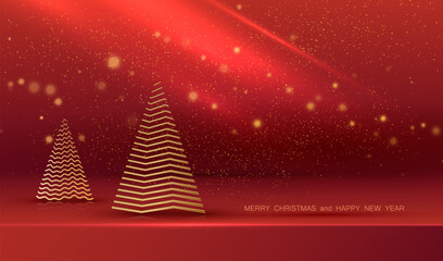 Christmas background with gold trees and glitter lights. Holiday xmas red showroom scene for display product vector.
