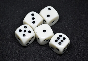 White dice are small, cube-shaped gaming accessories, on black background, They have blackpips on each face, are commonly used in various tabletop games.