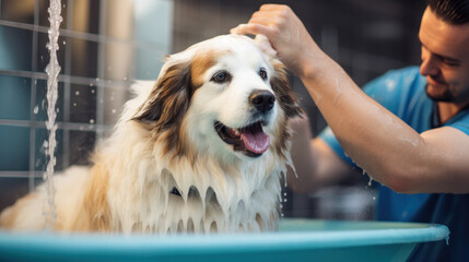 close up of man bathing dog in grooming saloon