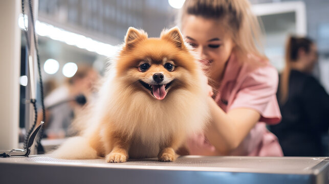 A Portrait of Female professional groomer at pet spa grooming salon