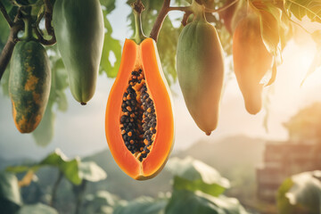 An image of a papaya fruit hanging on a tree branch in a blurred natural background - obrazy, fototapety, plakaty