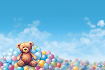 birthday party balloons, colourful balloons background with teddy bear and birthday cake with candles	