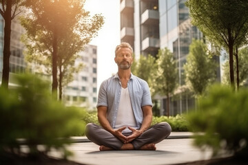 Middle aged man practicing yoga in urban park.