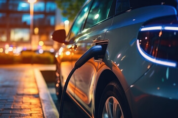 Electric car or EV car charging in station, night time in the city