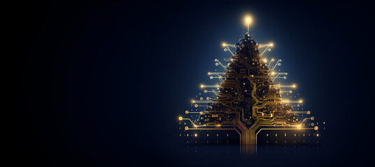 Technology themed electronic sparkling Christmas tree with circuit board elements, copy space