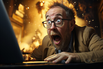 A man with his mouth open in surprise looking at the laptop screen. - obrazy, fototapety, plakaty