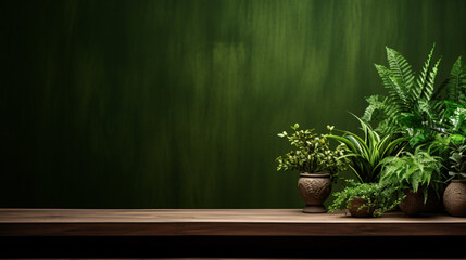 Potted house plants on a wooden table copy for text

