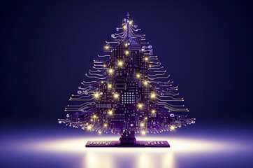 Technology themed electronic purple Christmas tree with circuit board elements