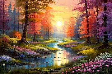 Vibrant spring forest with colorful trees and flowers during sunset. Generative AI