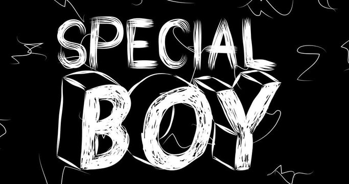 Special Boy word animation of old chaotic film strip with grunge effect. Busy destroyed TV, video surface, vintage screen white scratches, cuts, dust and smudges.