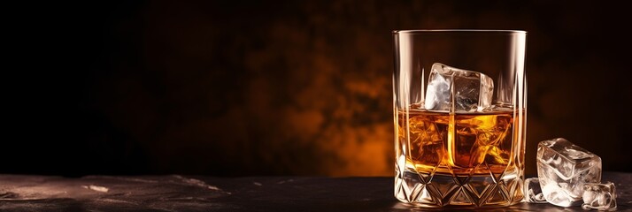 A glass of whiskey with ice cubes on a dark backdrop. Classic luxury drink. Suitable for beverage advertisements, promotions, backdrop, banner with free space for text