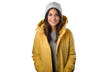 young woman in yellow parka with white hat, winter fashion