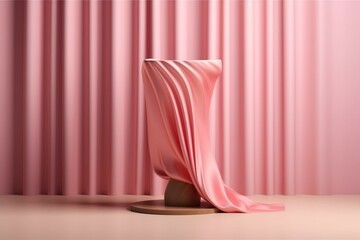3D display podium with wood pedestal and cloth curtain. Beauty and cosmetic product presentation stand. Luxury feminine mockup 3D render advertisement. Generative AI